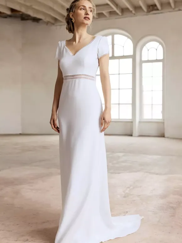 Simple Wedding Dress Ball Gown V-Neck Short Sleeves Cut Out 30cm Bridal Gowns