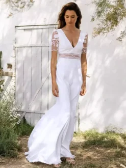 Simple Wedding Dress Ball Gown V-Neck Short Sleeves Cut Out 20cm Bridal Gowns