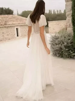 Simple Wedding Dress Ball Gown V-Neck Short Sleeves Pleated Bridal Gowns