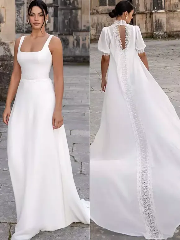 Simple Wedding Dress Ball Gown Jewel Neck Short Sleeves Ruffles 30cm Bridal Gowns