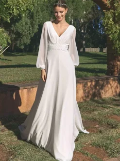 Simple Wedding Dress Chiffon V-Neck Long Sleeves Lace A-Line Bridal Gowns