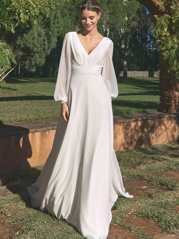 Simple Wedding Dress Chiffon V-Neck Long Sleeves Lace A-Line Bridal Gowns