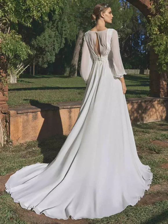 Simple Wedding Dress Chiffon V-Neck Long Sleeves Lace A-Line Bridal Gowns