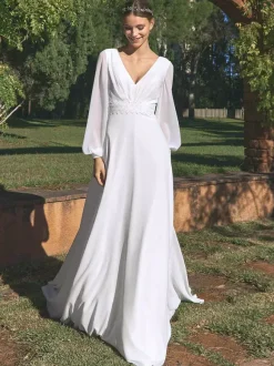 Simple Wedding Dress Chiffon V-Neck Long Sleeves Lace A-Line Bridal Gowns