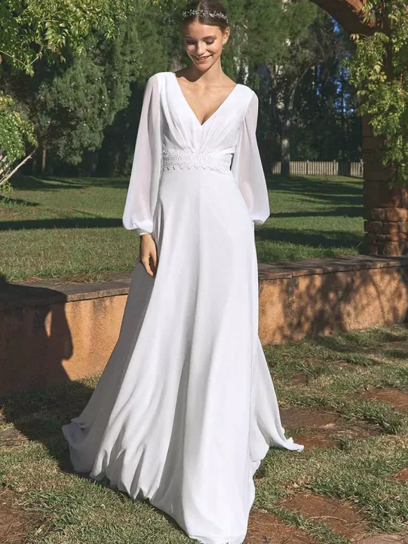 Simple Wedding Dress Chiffon V-Neck Long Sleeves Lace A-Line Bridal Gowns