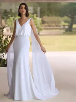 Simple Wedding Dress Chiffon V-Neck Sleeveless Pleated Mermaid Bridal Gowns