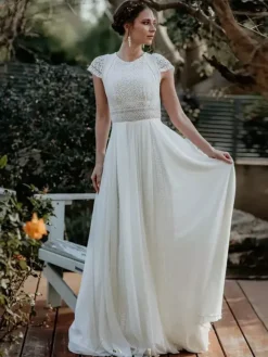 Simple Wedding Dress Chiffon Jewel Neck Short Sleeves Cut Out Short 30cm Bridal Gowns
