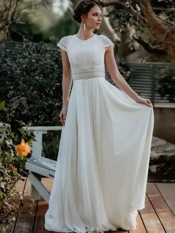 Simple Wedding Dress Chiffon Jewel Neck Short Sleeves Cut Out Short 30cm Bridal Gowns