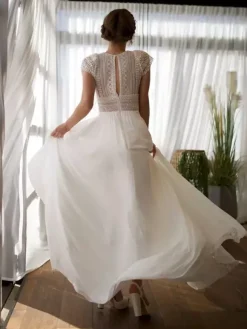 Simple Wedding Dress Chiffon Jewel Neck Short Sleeves Cut Out Short 30cm Bridal Gowns
