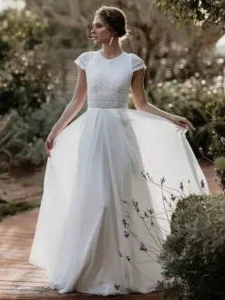 Simple Wedding Dress Chiffon Jewel Neck Short Sleeves Cut Out Short 30cm Bridal Gowns