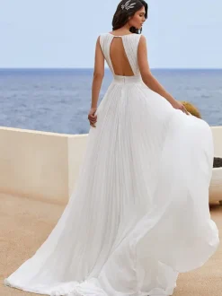 Simple Wedding Dress Chiffon V-Neck Sleeveless Pleated A-Line Bridal Gowns