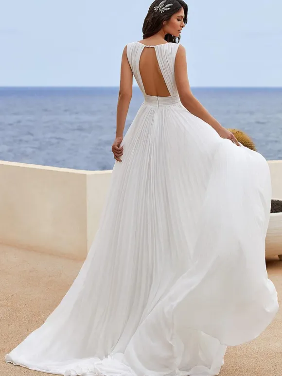 Simple Wedding Dress Chiffon V-Neck Sleeveless Pleated A-Line Bridal Gowns