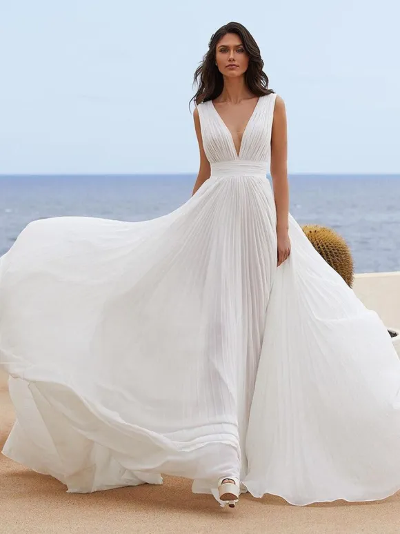 Simple Wedding Dress Chiffon V-Neck Sleeveless Pleated A-Line Bridal Gowns