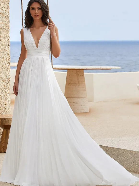 Simple Wedding Dress Chiffon V-Neck Sleeveless Pleated A-Line Bridal Gowns