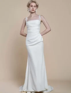 Simple Wedding Dress Designed Neckline Sleeveless Beaded Mermaid Bridal Gowns