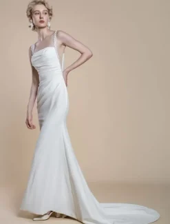 Simple Wedding Dress Designed Neckline Sleeveless Beaded Mermaid Bridal Gowns