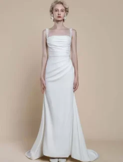Simple Wedding Dress Designed Neckline Sleeveless Beaded Mermaid Bridal Gowns