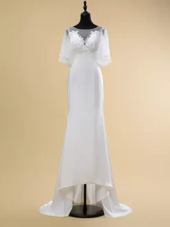 Simple Wedding Dress Lace Illusion Neckline Short Sleeves Lace Ball Gown 40cm Bridal Gowns