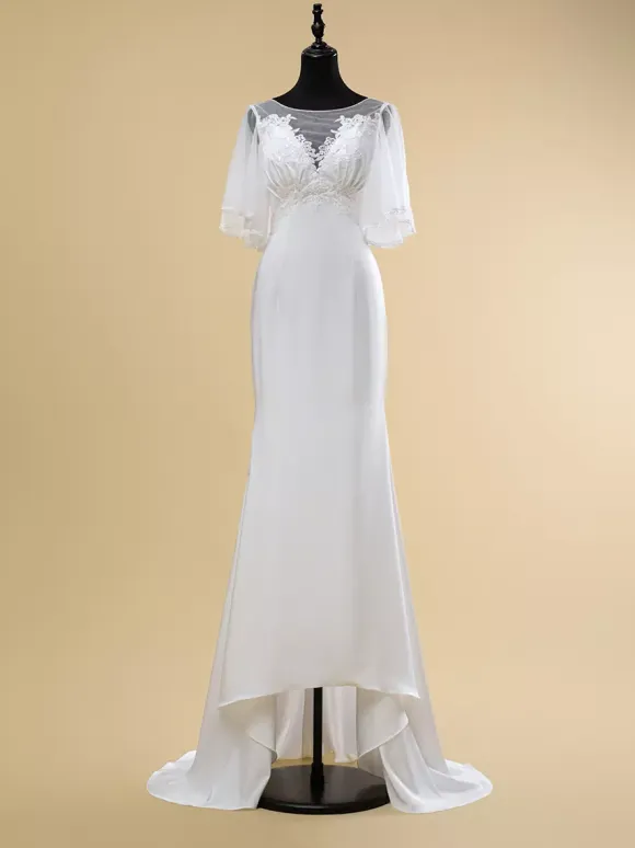 Simple Wedding Dress Lace Illusion Neckline Short Sleeves Lace Ball Gown 40cm Bridal Gowns