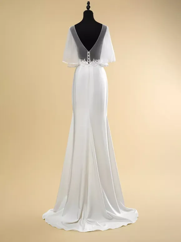 Simple Wedding Dress Lace Illusion Neckline Short Sleeves Lace Ball Gown 40cm Bridal Gowns
