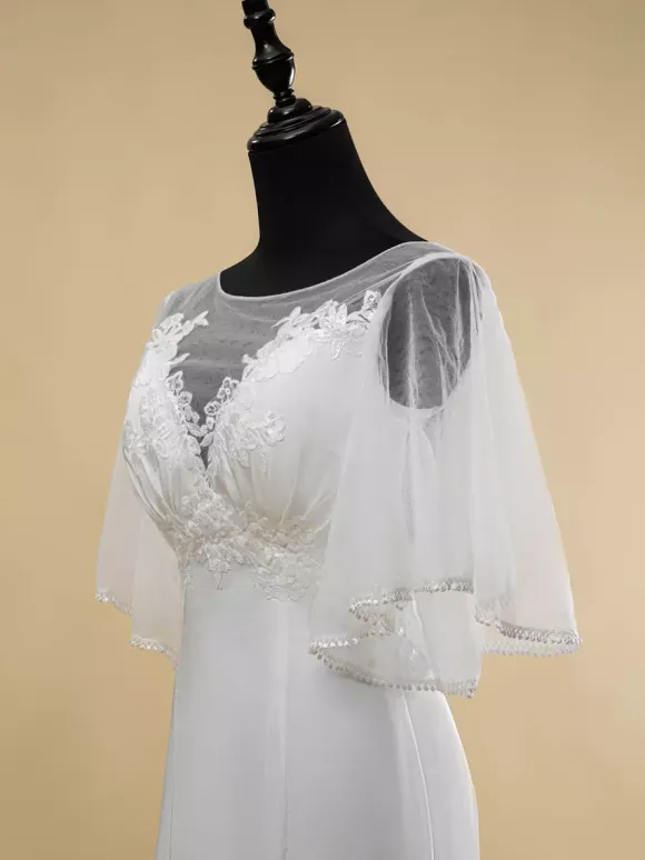 Simple Wedding Dress Lace Illusion Neckline Short Sleeves Lace Ball Gown 40cm Bridal Gowns