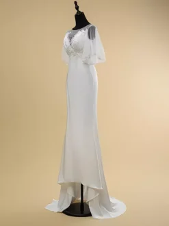 Simple Wedding Dress Lace Illusion Neckline Short Sleeves Lace Ball Gown 40cm Bridal Gowns