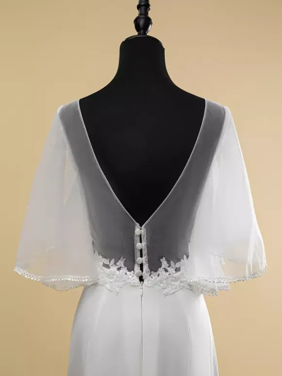 Simple Wedding Dress Lace Illusion Neckline Short Sleeves Lace Ball Gown 40cm Bridal Gowns