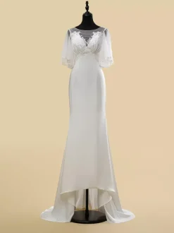 Simple Wedding Dress Lace Illusion Neckline Short Sleeves Lace Ball Gown 40cm Bridal Gowns