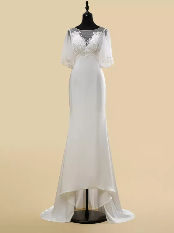 Simple Wedding Dress Lace Illusion Neckline Short Sleeves Lace Ball Gown 40cm Bridal Gowns