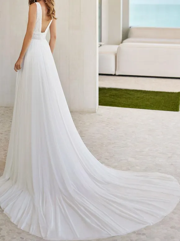Simple Wedding Dress Lace V-Neck Sleeveless A-Line Bridal Dresses Free Customization