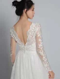 Simple Wedding Dress Lace V-Neck Long Sleeves Lace A-Line Bridal Dresses