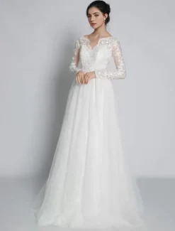 Simple Wedding Dress Lace V-Neck Long Sleeves Lace A-Line Bridal Dresses