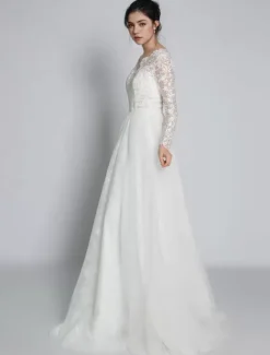Simple Wedding Dress Lace V-Neck Long Sleeves Lace A-Line Bridal Dresses