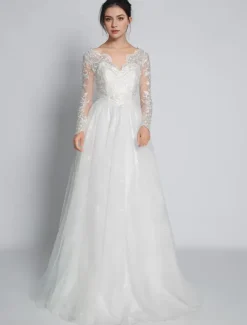 Simple Wedding Dress Lace V-Neck Long Sleeves Lace A-Line Bridal Dresses