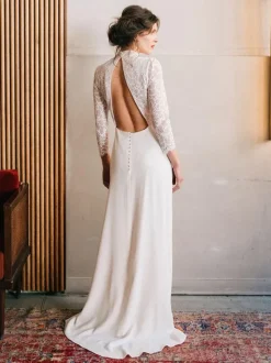Simple Wedding Dress Lace High Collar Long Sleeves Lace A-Line Bridal Gowns