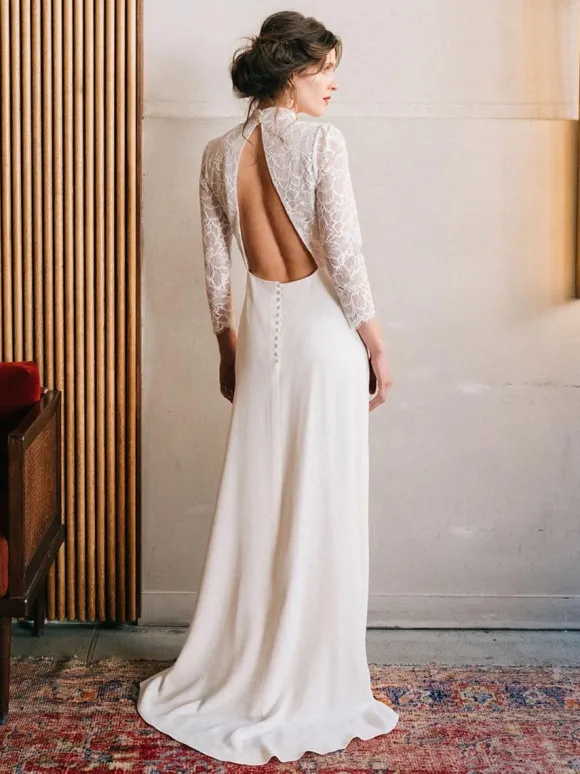 Simple Wedding Dress Lace High Collar Long Sleeves Lace A-Line Bridal Gowns