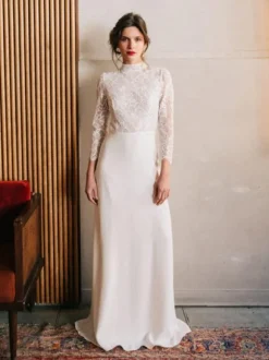 Simple Wedding Dress Lace High Collar Long Sleeves Lace A-Line Bridal Gowns