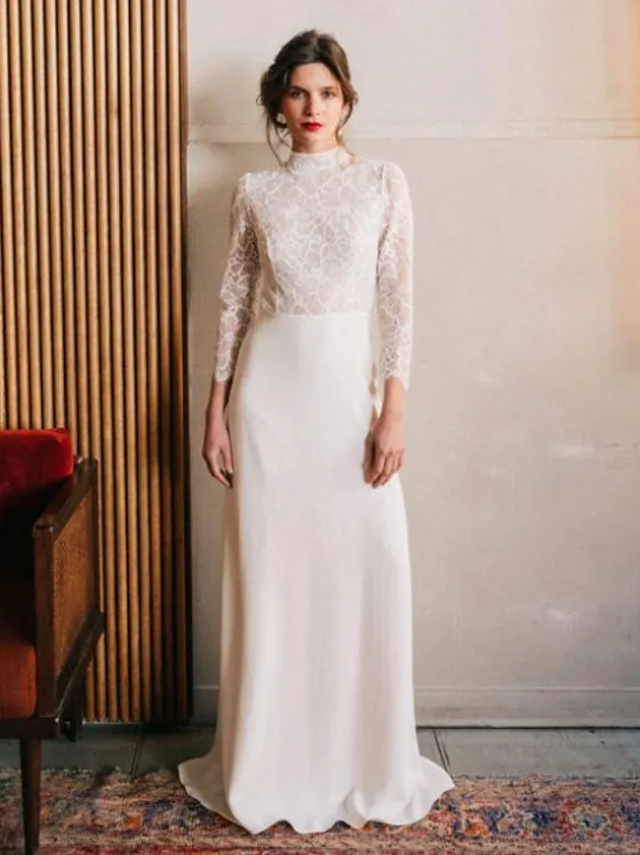 Simple Wedding Dress Lace High Collar Long Sleeves Lace A-Line Bridal Gowns