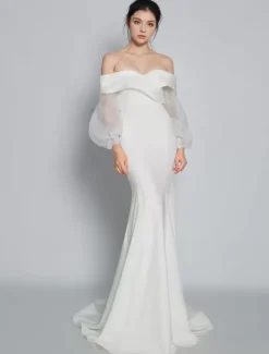 Simple Wedding Dress Mermaid V-Neck Long Sleeves Pleated Bridal Dresses