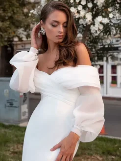Simple Wedding Dress Mermaid V-Neck Long Sleeves Pleated Bridal Dresses