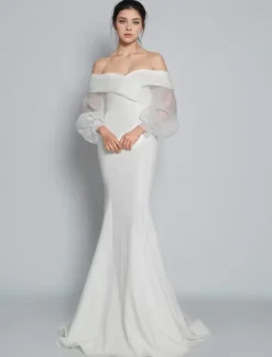 Simple Wedding Dress Mermaid V-Neck Long Sleeves Pleated Bridal Dresses