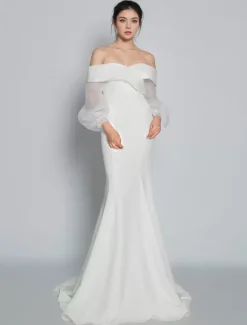 Simple Wedding Dress Mermaid V-Neck Long Sleeves Pleated Bridal Dresses