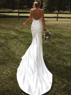 Simple Wedding Dress Mermaid V-Neck Sleeveless Pleated Bridal Dresses Free Customization