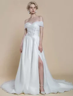 Simple Wedding Dress Polyester Bateau Neck Short Sleeves Cut Out Ball Gown 40cm Bridal Dresses