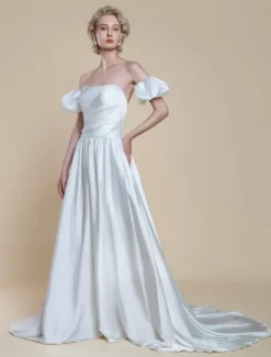 Simple Wedding Dress Princess Silhouette Strapless Short Sleeves 30cm Bridal Gowns