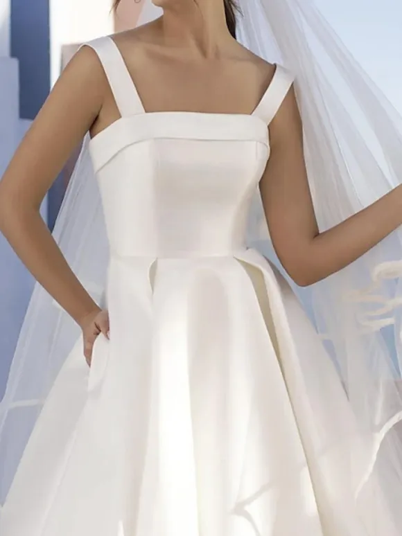 Simple Wedding Dress Satin Fabric Strapless Sleeveless Pleated A-Line 60cm Bridal Dresses