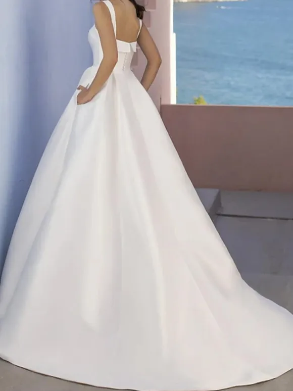 Simple Wedding Dress Satin Fabric Strapless Sleeveless Pleated A-Line 60cm Bridal Dresses