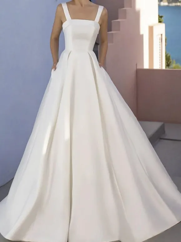 Simple Wedding Dress Satin Fabric Strapless Sleeveless Pleated A-Line 60cm Bridal Dresses
