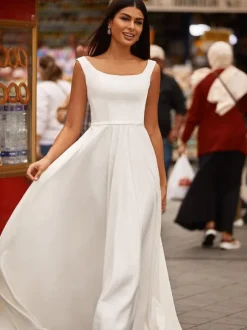 Simple Wedding Dress Satin Fabric Jewel Neck Sleeveless A-Line Bridal Dresses