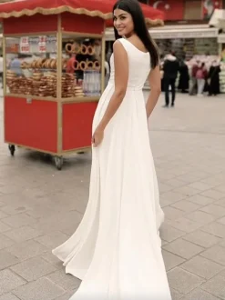Simple Wedding Dress Satin Fabric Jewel Neck Sleeveless A-Line Bridal Dresses